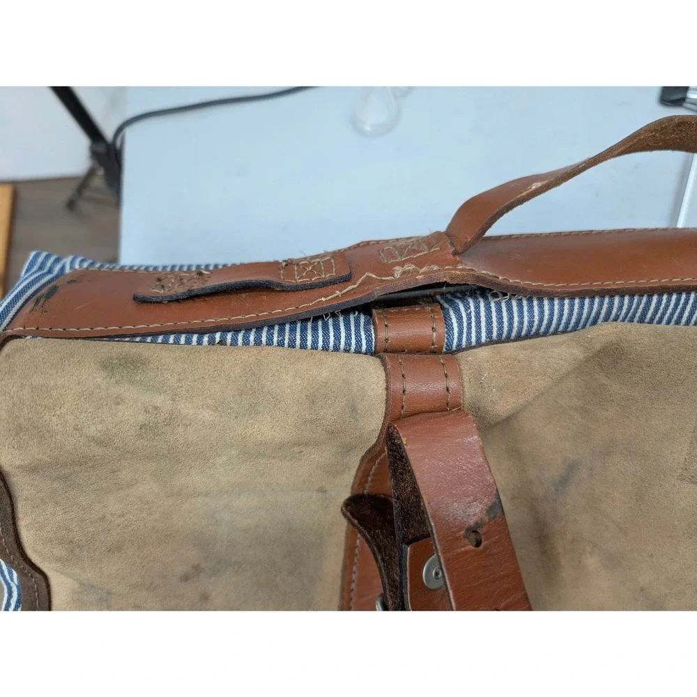 Vintage Hickory Stripe Canvas Suede Garment Travel Luggage Bag Blue White Brown